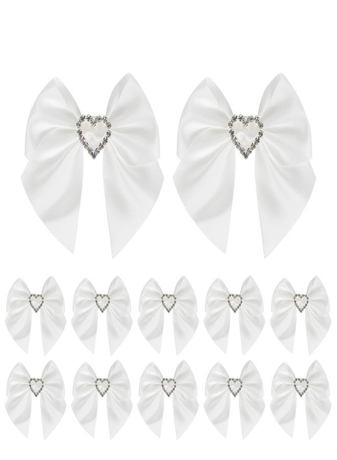 AIMUDI White Bows Satin Ribbon Rhinestone Bows 3" Premade Sparkle Bows with Gems Pre-Tied Craft Bows with Rhinestone Gift Bows for Wedding Sewing Crafts Gift Wrapping Baby Shower - 12 Counts - Image 1